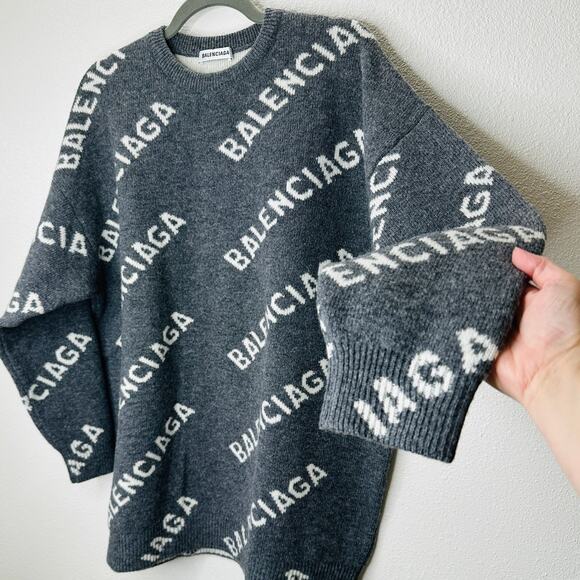 Balenciaga Dark Gray Long Sleeve White Logo'd Crew Neck Sweater L - Picture 3 of 15